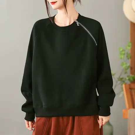 dza 复古纯色斜肩拉链加绒卫衣女秋冬内搭打底宽松外穿加厚上衣女图片