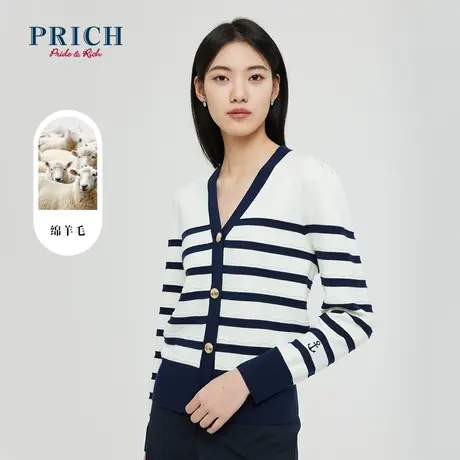 【商场同款】PRICH春秋新款条纹绵羊毛流行针织开衫气质女商品大图