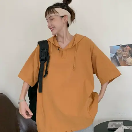 原宿风短袖t恤女2021夏季宽松韩版纯棉设计感小众连帽上衣服ins潮商品大图