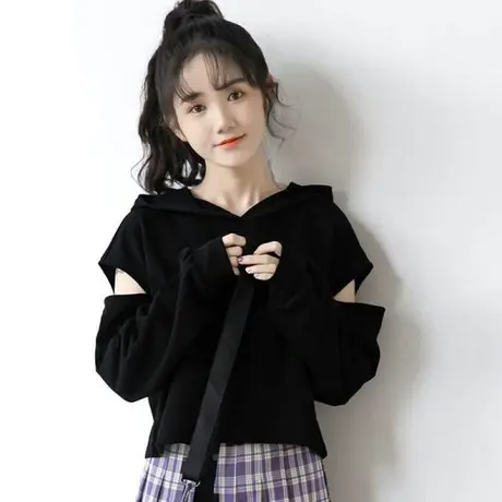 2024秋季新款破洞短款卫衣女韩版宽松薄款春秋黑色连帽长袖上衣潮图片