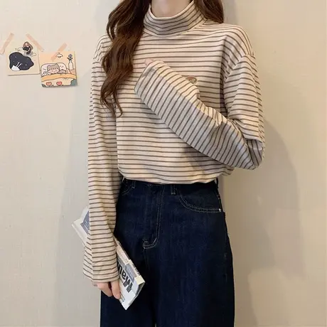 高领打底衫女秋冬加绒加厚2025新款内搭百搭宽松条纹上衣长袖t恤商品大图