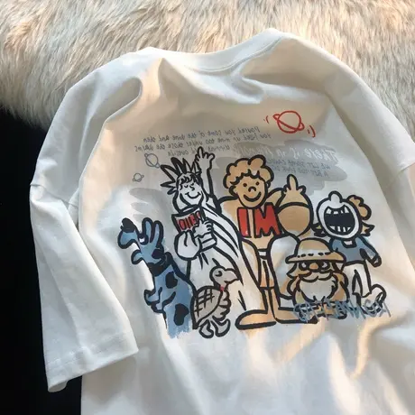 美式新款t恤女2022夏季大码oversize白色纯棉短袖ins潮设计感上衣商品大图