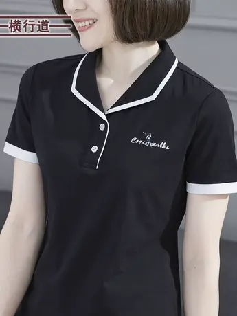 黑色翻领字母刺绣短袖t恤女打底衫工装上衣夏装薄款妈妈开衩半袖商品大图
