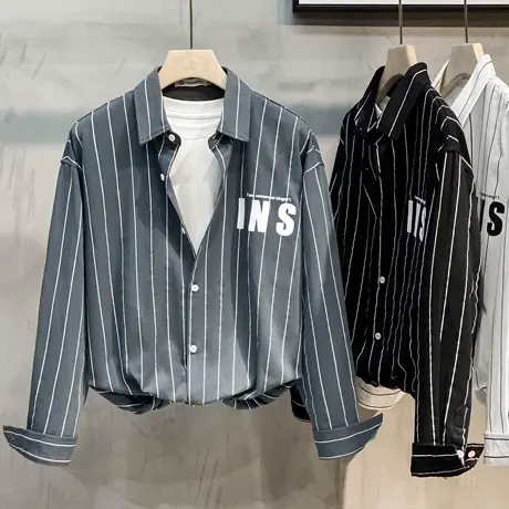 印花条纹长袖衬衫男春秋季新款潮流日系宽松上衣外套男士休闲衬衣商品大图