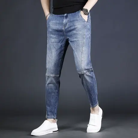 潮牌拼接九分牛仔裤男夏季薄款2023年新款修身小脚高街蓝色裤子男商品大图