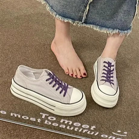 超火厚底粉色帆布鞋女2023新款夏天搭配裙子的奶呼呼小白鞋显脚小商品大图