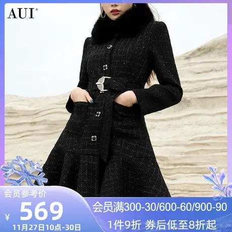 AUI黑色狐狸毛领中长款毛呢外套女冬2023新款气质修身呢子大衣厚商品大图