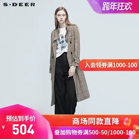 sdeer圣迪奥秋季双排扣立领复古格纹腰带通勤风衣外套女S20381820👱图片