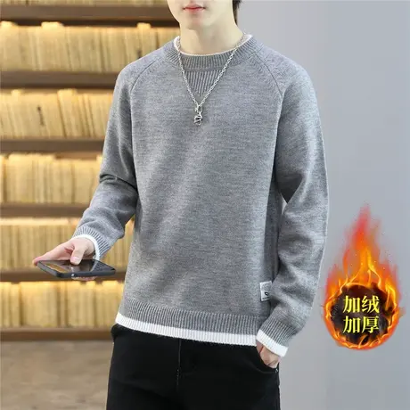 加绒厚纯色针织衫线毛衣男加肥加大码宽松潮胖圆领打底秋冬装百搭商品大图