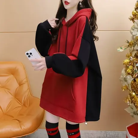 减20】加绒加厚红色连帽卫衣女中长款2023新款秋冬宽松设计感外套商品大图