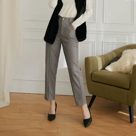 桔熊秋冬季通勤复古毛呢料九分裤子女加厚高腰小脚裤大码BA7401图片