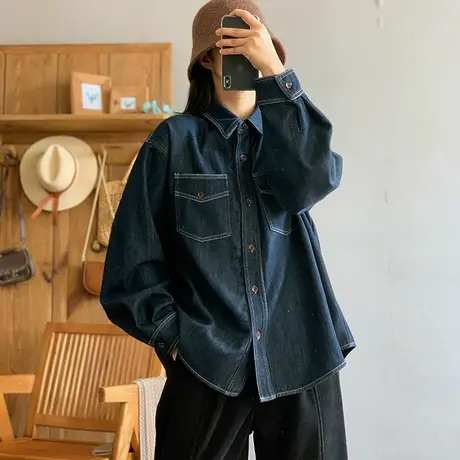 dza 复古翻领牛仔加绒衬衫外套女冬加厚外穿长袖衬衣休闲宽松上衣商品大图