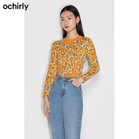 【呼呼严选专享】支晨合作系列 欧时力新款秋冬撞色花朵饰扣圆领商品大图