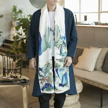 春秋新款中国风棉麻唐装复古开衫外套男士亚麻服古装汉服表演披风图片