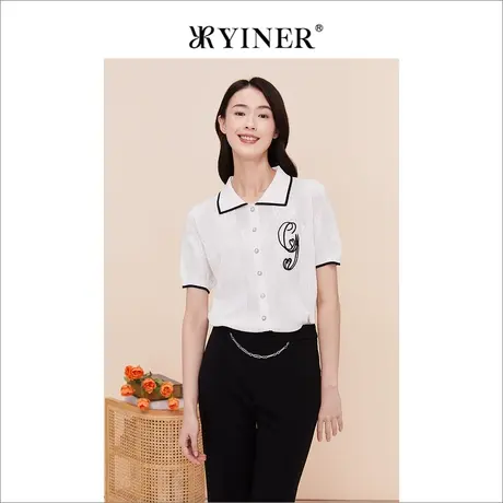 YINER音儿线上专选女装2023夏季短袖字母绣花翻领针织衫白色商品大图
