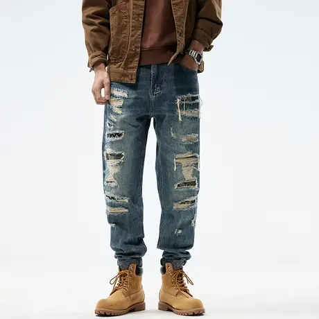 破洞补丁牛仔裤男宽松直筒休闲潮牌秋冬款锥形男士长裤子2023新款商品大图