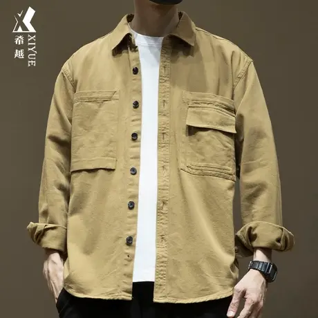 希越春秋休闲翻领衬衫2024春季新款宽松大码工装外套男士纯棉夹克商品大图