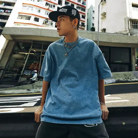 美式街头复古水洗做旧天蓝色T恤男高街潮牌宽松半截袖上衣男款潮商品大图