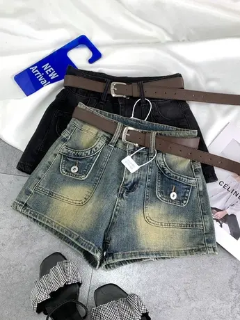 美式复古口袋牛仔短裤女2024春季新款显瘦百搭高腰弹力包臀a字裤商品大图