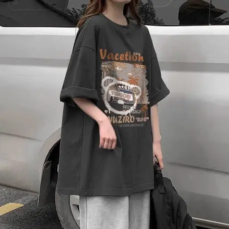 美式纯棉短袖t恤女夏季宽松韩版慵懒风设计感小众chic港味上衣服商品大图