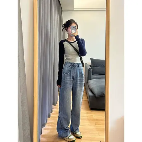 正肩拼色设计感打底衫长袖t恤女秋冬内搭修身短款chic甜辣妹上衣商品大图