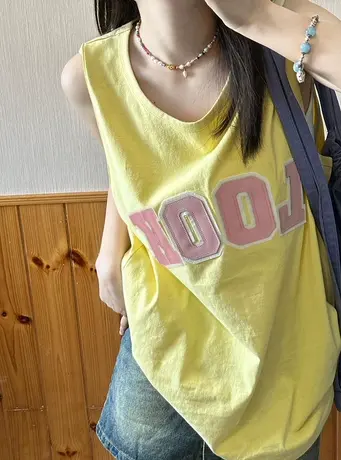 字母纯棉背心女夏季宽松中长款小众设计感美式复古无袖t恤上衣ins商品大图