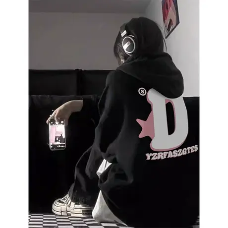 oversize美式复古连帽卫衣女春秋薄款宽松慵懒风早秋新款上衣外套图片