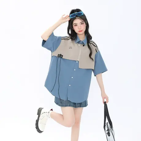 复古潮牌设计感假两件短袖衬衫女2024春夏新款宽松情侣装小众衬衣图片