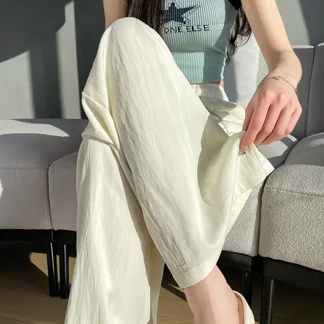 冰丝阔腿裤女夏季薄款防晒裤高腰宽松垂感褶皱肌理直筒棉麻休闲裤图片