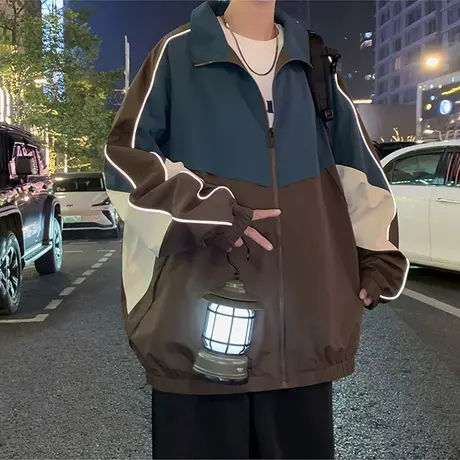 美式工装外套男春秋新款潮牌撞色拼接休闲夹克男士户外反光冲锋衣商品大图