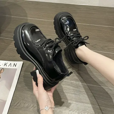 黑色英伦风厚底系带小皮鞋女2024春新款单鞋女鞋子百搭松糕乐福鞋商品大图