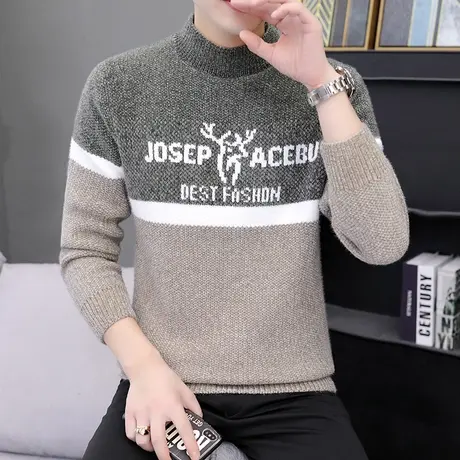 半高领毛衣男秋冬季青少年金貂绒加厚打底衫高中学生保暖拼色上衣商品大图