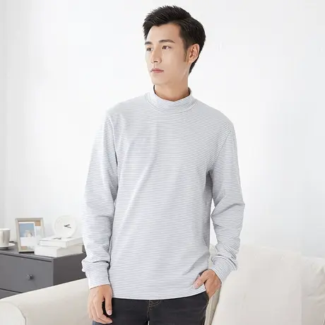 汉斯卡 秋季新款半高领条纹T恤男长袖简约休闲韩版潮流百搭打底衫商品大图