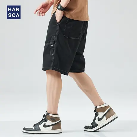 hansca黑色工装短裤男士直筒纯棉中裤宽松夏季潮牌休闲大码五分裤商品大图