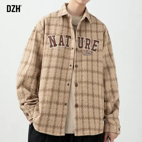 男士磨毛格子衬衫外套男春秋款美式复古长袖衬衣外套2024新款上衣商品大图