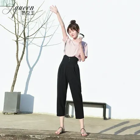 高腰哈伦裤女夏季新款复古港味薄款宽松萝卜裤休闲显瘦九分小脚裤商品大图