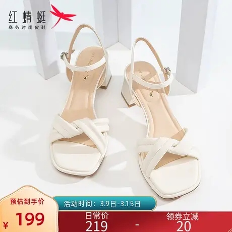 红蜻蜓凉鞋女2023夏季新款一字带粗跟百搭通勤高跟女鞋夏天商品大图