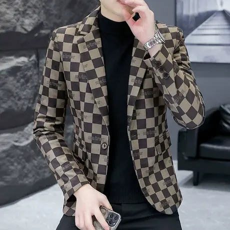 时尚轻奢格子小西装外套男士韩版春秋季痞帅单西青年商务休闲西服商品大图