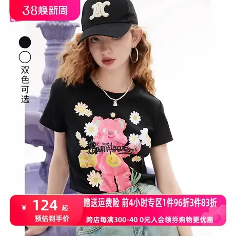 妖精的口袋小熊印花黑色短袖t恤女2023夏新款小个子正肩短款上衣商品大图