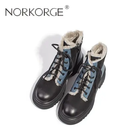 原创手工复古黑色羊羔毛马丁靴女真皮圆头短靴厚底保暖显瘦雪地靴图片