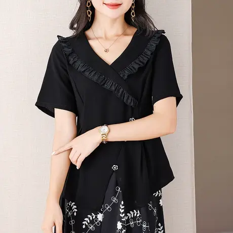 伊自尚2023年新款女装大码胖mm夏季百搭显瘦设计感黑色雪纺衫上衣商品大图