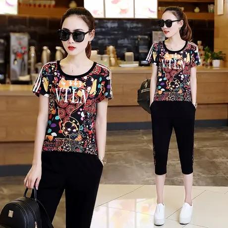 【5折清仓】运动休闲套装女夏季时尚短袖七分裤减龄显瘦两件套潮商品大图