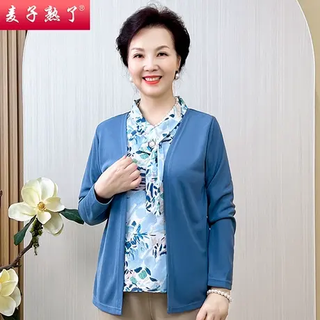 新款妈妈秋装洋气长袖小衫假两件中老年人T恤中年女春秋打底上衣商品大图
