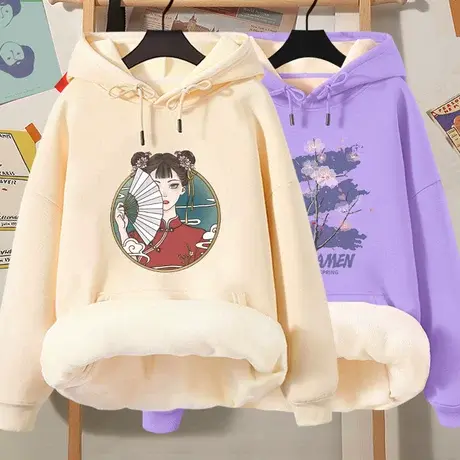 国潮风连帽卫衣女2023秋冬新款加绒宽松外套加厚今年流行漂亮上衣商品大图