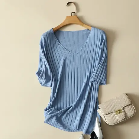 冰丝针织衫短袖t恤女春夏2023新款韩版薄款v领宽松显瘦打底衫上衣商品大图