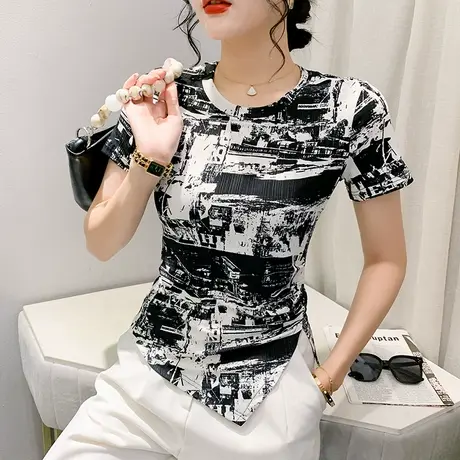 欧货涂鸦T恤女短袖夏设计感小众开叉上衣收腰修身小衫不规则体恤商品大图
