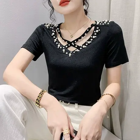 性感镂空V领T恤女短袖欧货设计感钉珠上衣纯色百搭修身半袖小衫夏商品大图