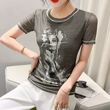 欧货印花短袖上衣女2023夏季新款时尚圆领网纱T恤气质别致小衫潮商品大图