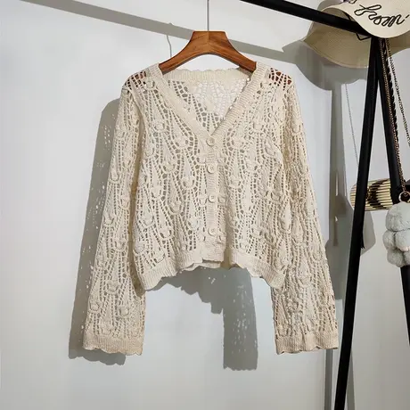 勾花镂空针织开衫女夏季新款设计感小众吊带裙子外搭短款防晒上衣图片