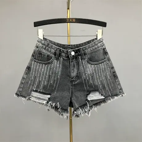 欧货休闲重工百搭烫钻牛仔裤春夏女装破洞阔腿裤高腰显瘦短裤热裤商品大图